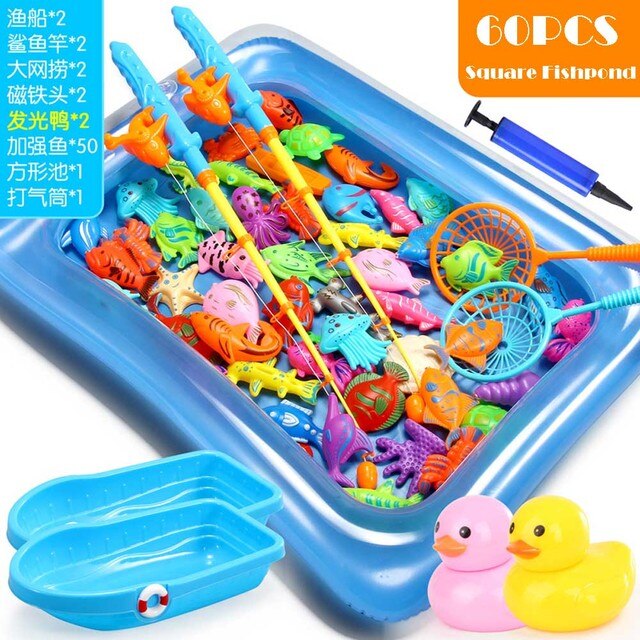 Juego de pesca con imanes para niños, juguetes de agua con imán de piscina inflable, caña de pescar, 15-68 piezas: 60pcs with pool