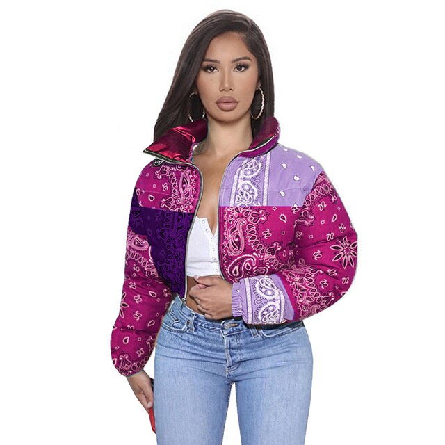 Manteau Bandana imprimé Paisley pour femme, veste à bulles, parka chaude, décontractée, fermeture éclair, vêtements d'extérieur, hiver: 2 / S