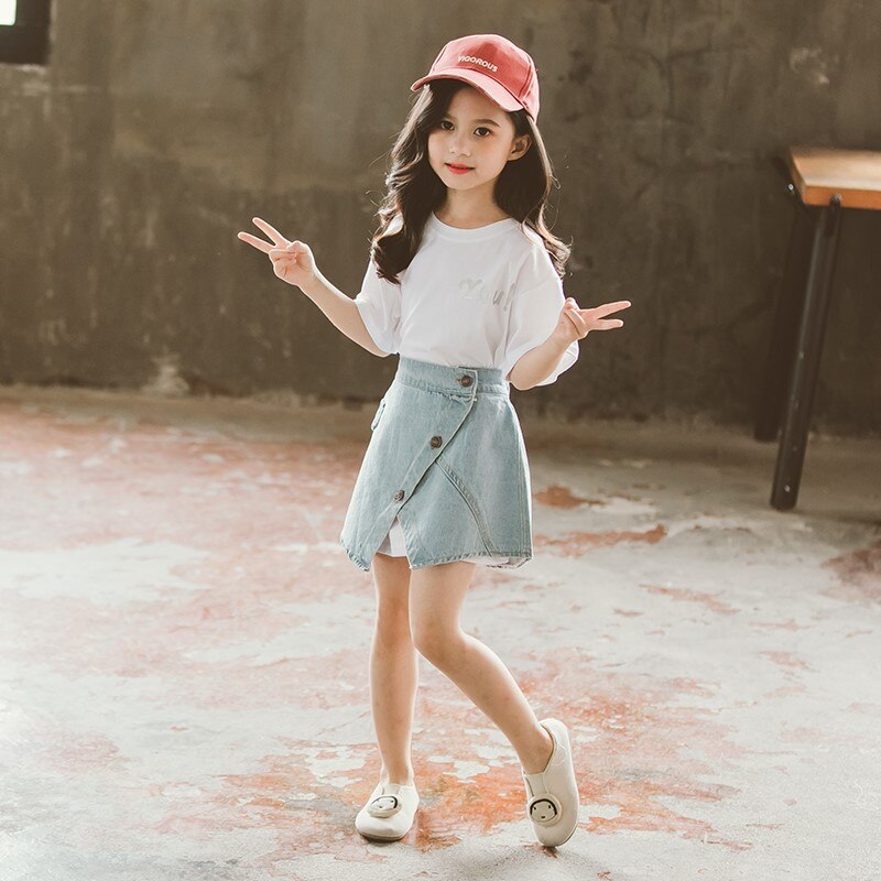 Girls Clothing Set Letter T-shirt Denim Skirt 2pcs Kids Clothes for Girl 3 4 6 7 9 10 11 12 Year Toddler Teen Children Suits: White / 12T