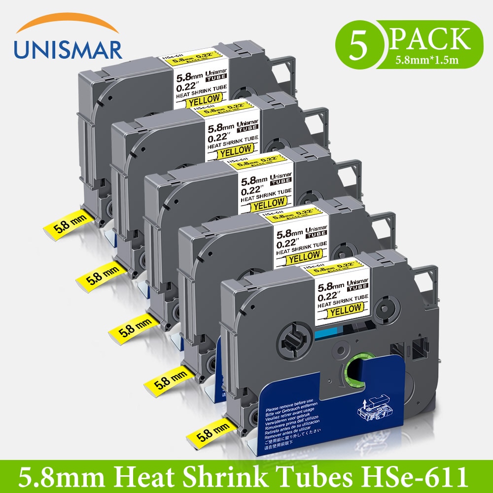 Unismar 5.8mm Compatible Brother HSe 611 HSe-611 Heat Shrink Tube Black on Yellow for P-touch Label Maker PTE300 PTE500 PTE550W