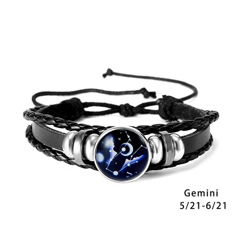 RINHOO 12 Costellazioni Bracciali In Pelle Per Le Donne Degli Uomini di Segno Zodiacale Snap Pendenti E Ciondoli Pietre Borda I Monili Del Braccialetto Bracciali & Bangle: Gemini
