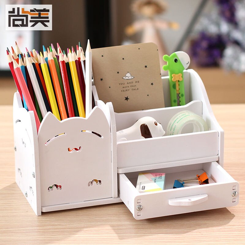 Multi-function 4 Grid Desktop Pen Holder Office School Stationery Storage Case Wood Box Desk Pen Pencil Organizer Phone Holder: White squinting eyes