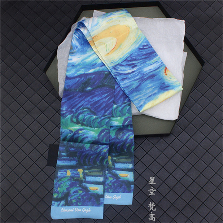Van Gogh《Starry Night》Oil Painting Twill Silk Scarf Women Neckerchief Skinny Bag Scarf Female Headband Scarves Wraps For Ladies: 5