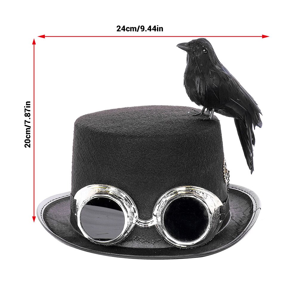 Halloween Carnival Retro Gothic Steampunk Crow Hat with Goggles Gears Black Crow Bird for Costume Party