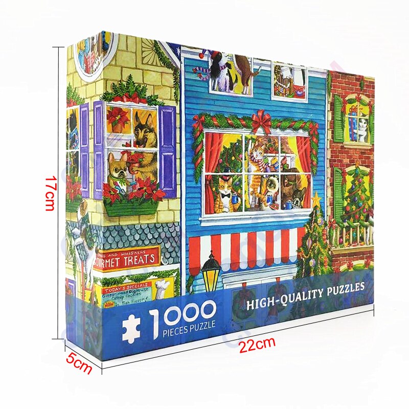 Christmas Pet Street Wooden Jigsaw Puzzle 1000 Pieces Manual Educational Toy for Children/Kids Small Crafts(52x38cm)