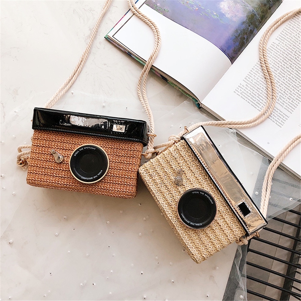 Woman Girl Mini Straw Weaving Crossbody Bag Korean Style Camera Shaped Travel Phone Bag Outdoor Travel Packs