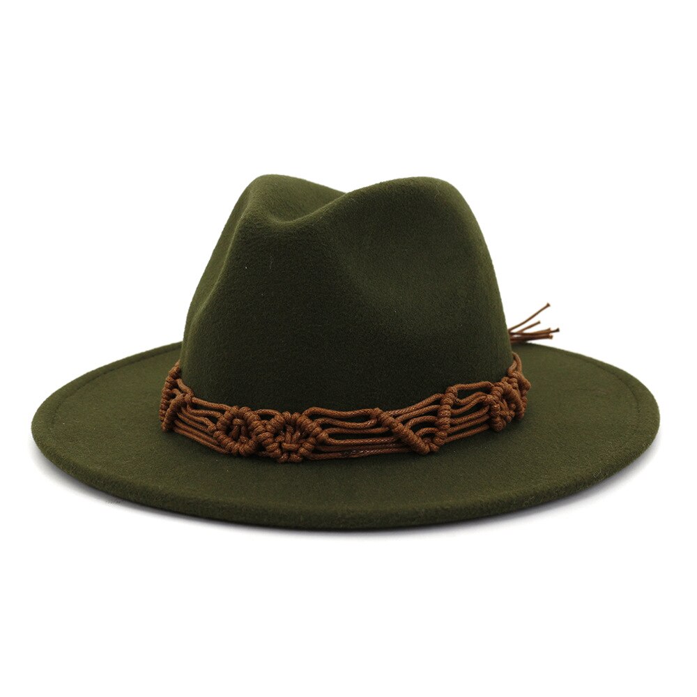 HanXi Women Hat Wool Fedoras Felt Hat Flat Brim Cap Twist Band: army green