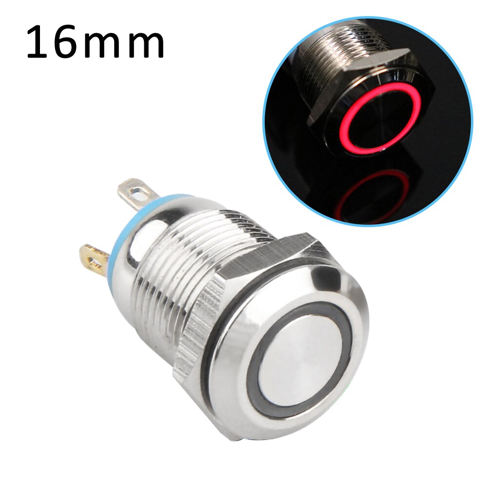 Interruptor de botón de Metal de 16mm, luz LED momentáneo impermeable, botón de encendido de autobloqueo de 12V, conector para botón: Red