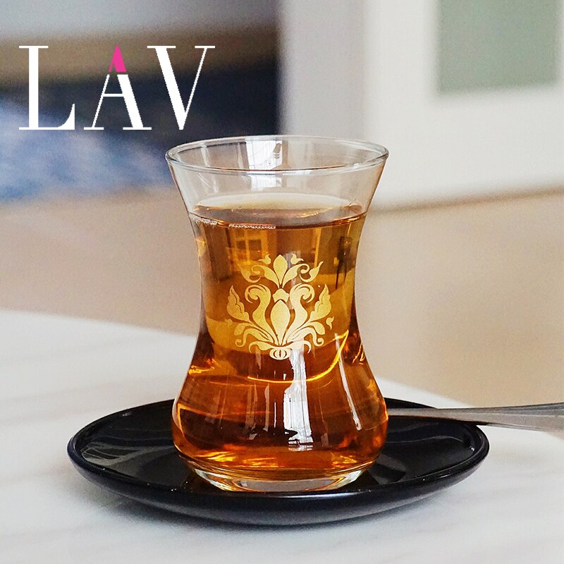 LAV Turkey Courtly Style Black Tea Cup And Saucer Kits Slim Waist Gold Leaf Pattern Espresso Coffee Mug Shot Glass Teacup Sets