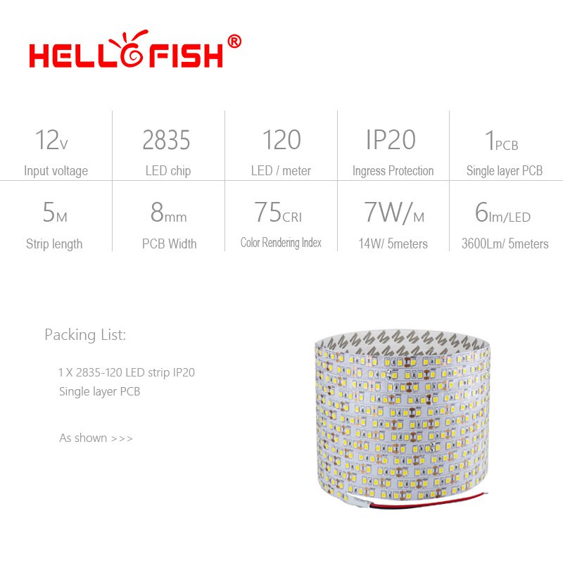 5 m 2835 LED Strip Single Layer PCB 600 Licht 2835 SMD 12 v Flexibele LED Tape Wit Warm Wit