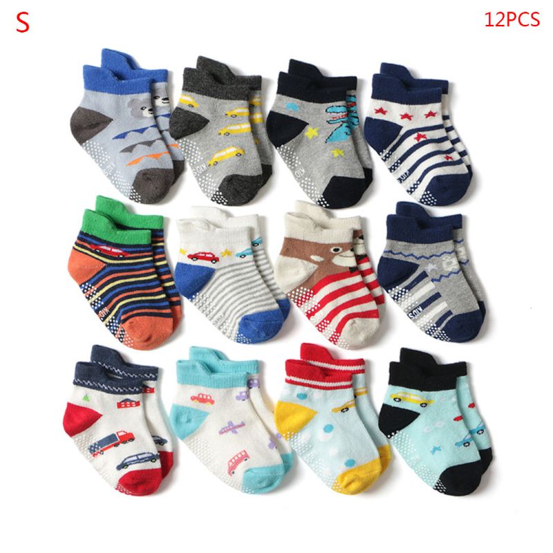 12 par/set de Calcetines antideslizantes de algodón para bebés y bebés, suelo de dibujos animados, cómodo para niños y niñas: S