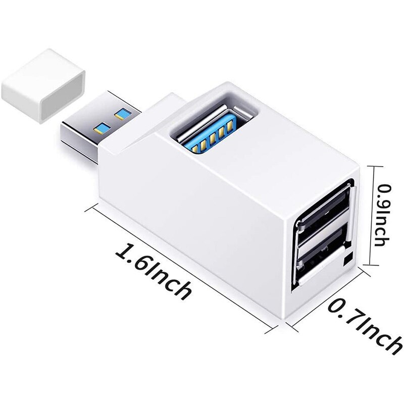 Mini 3-Port USB 3.0 Hub High-Speed Data Transfer Splitter and Adapter for PC Laptops and Desktops White