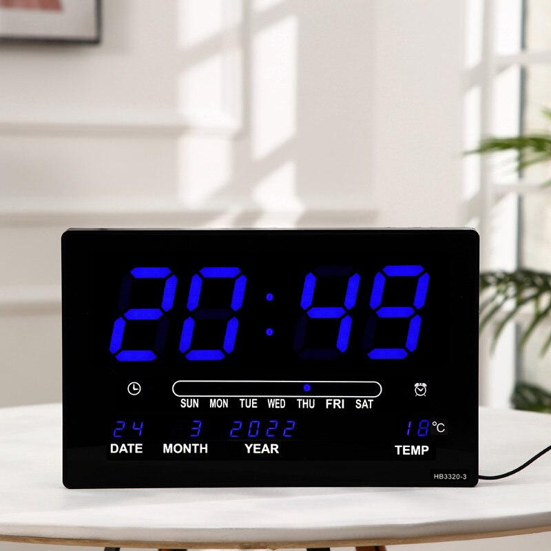 Large Electronic Wall Clock Alarm Hourly Chime Function Calendar Temperature Display Table Clocks With Plug Digital LED Clocks: B Blue