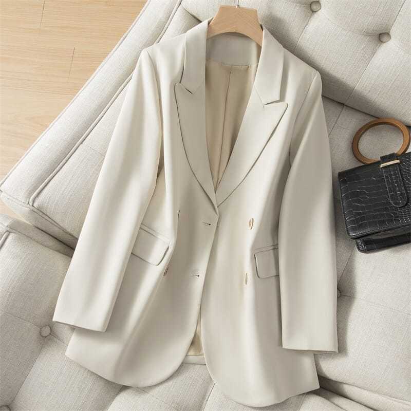 Chaqueta holgada de estilo coreano para mujer, Blazer de manga larga con doble botonadura, color Beige, 2022