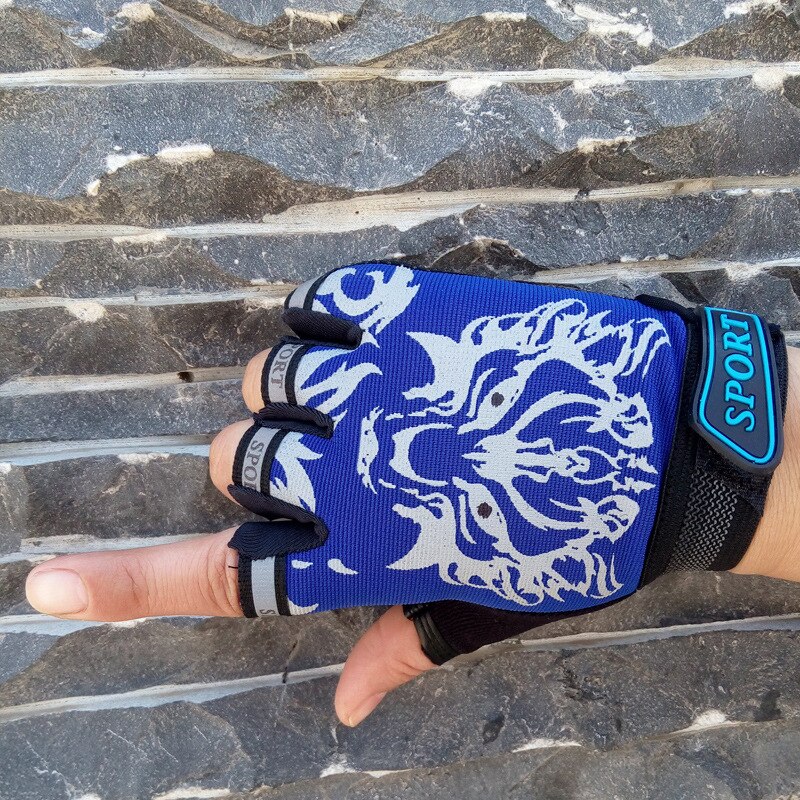 Children Cycling Half Finger Bicycle Gloves High Elastic Non-slip Child Kid Bike Gloves Riding Outdoor Camouflage Equipment: Blue wolf