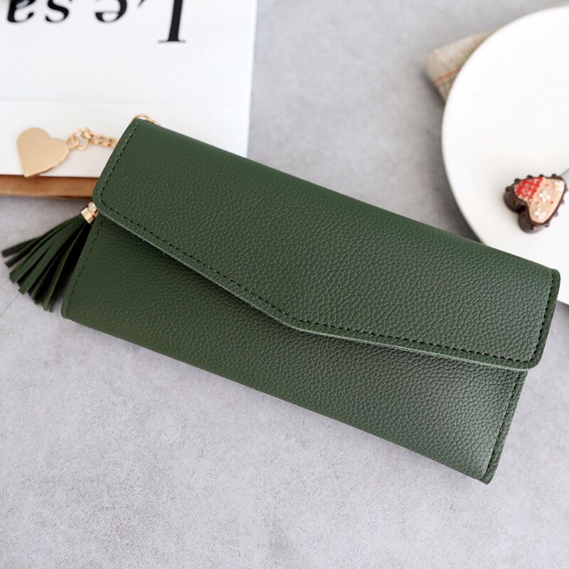 Tassel Pendan Woman Wallet Multi Pockets Lady Long Purse Clutch Zipper Phone Holder Female Wallets Card Holder Girl Carteras: Army Green