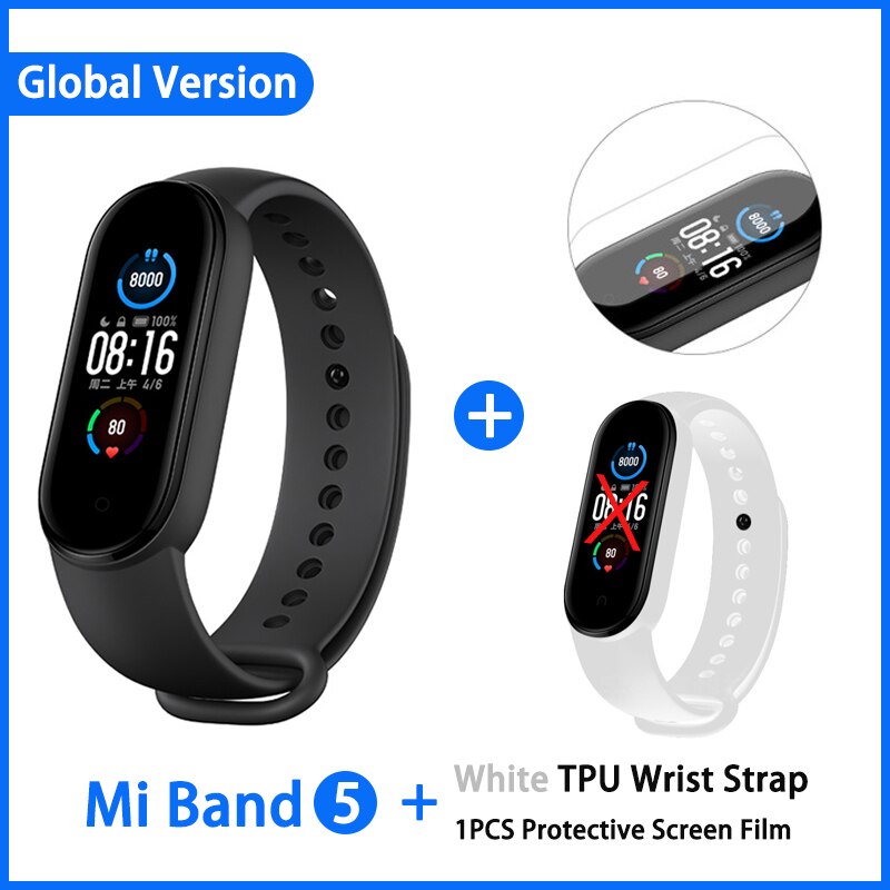 Xiaomi Mi Band 5 Smart Armband 4 Kleur Amoled Screen Miband 5 Smartband Fitness Traker Bluetooth Sport Waterdichte Slimme Band: GN add White film