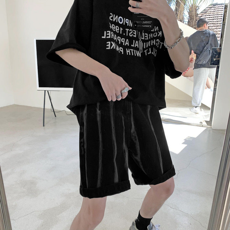Denim shorts men's summer thin loose wide leg straight tube trend Korean style high street style pants