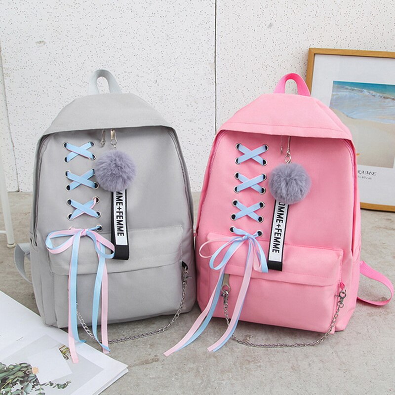 5 Stks/set Schooltas Voor Tiener Effen Rugzak Schooltas Vrouwen Student Zak Kant Boog Bundel Rugzak