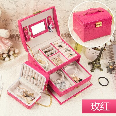 Leather Jewelry Box 7 Colors With Small Protable Travel Jewelry Casket 3 Layers Box: Rose Red