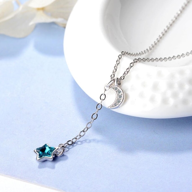 Blue Stars Moon Simple Sweet Fresh 925 Sterling Silver Clavicle Chain Literary Temperament Female Necklace SNE358