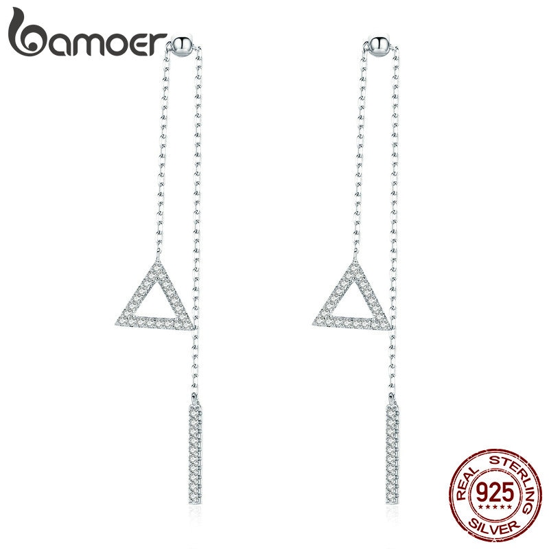 Bamoer Echt 925 Sterling Zilveren Driehoek Shape Eenvoudige Lange Ketting Earring Voor Vrouwen Luxe Zilveren Sieraden BSE051