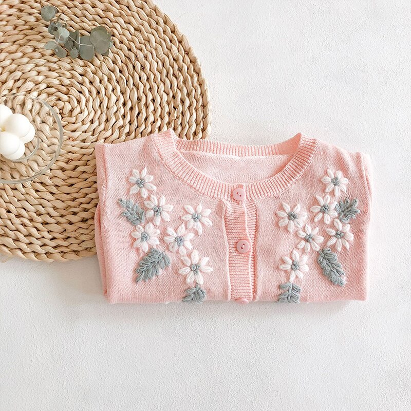 Baby Strickjacke zur Seite fahren für Mädchen Stickerei Blume Strickjacke Herbst Kleinkind Mädchen Süße Baumwolle Dünne Mäntel Prinzessin Kleidung