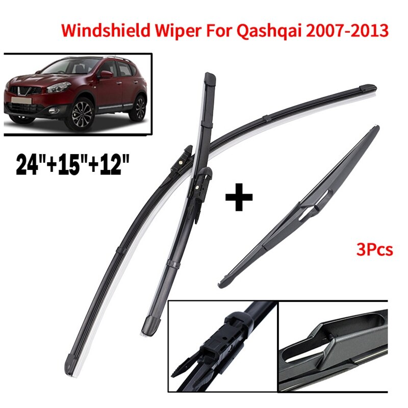 Wiper Blades Kit, Front and Rear Windsn Window Wiper Blade for Nissan Qashqai 2007: Default Title