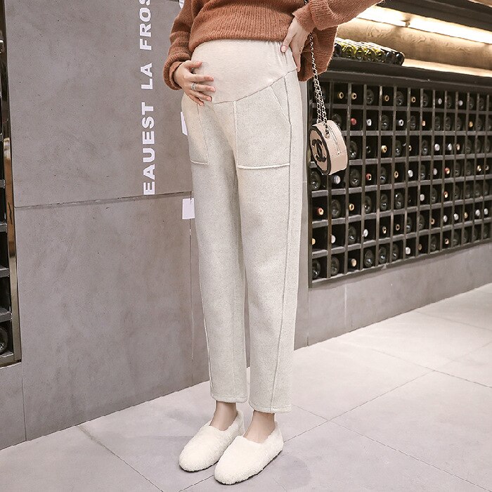 Autumn Winter Thicken Warm Woolen Maternity Pants Belly Straight Loose Pants Clothes for Pregnant Women Pregnancy Trousers: Autumn Beige / L