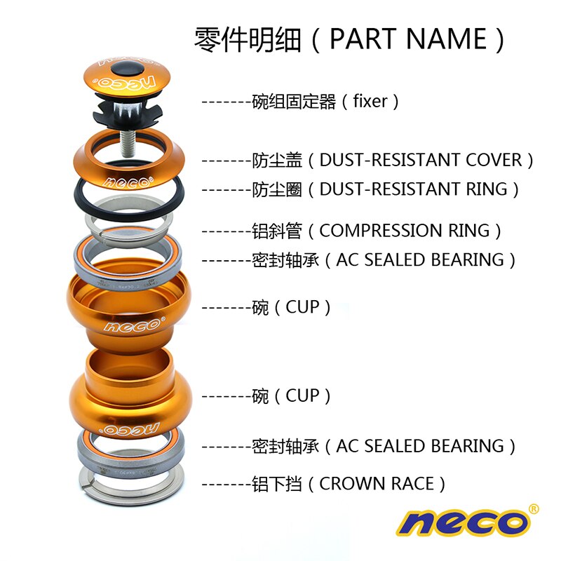 Neco-cascos de bicicleta sin rosca, cascos de bicicleta de carretera, con piñón fijo, taza externa 1, 1/8, 1.125 pulgadas, 34MM