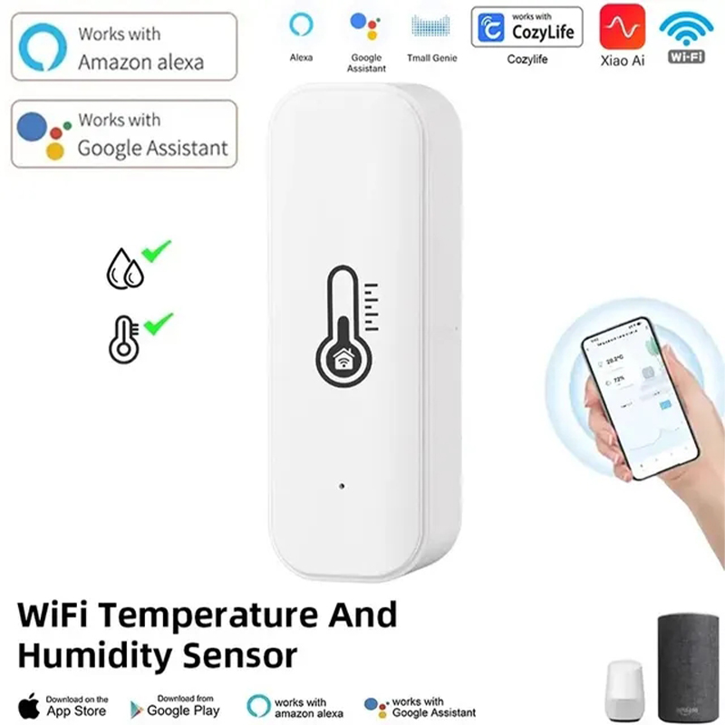 WiFi-temperatuur-vochtigheidssensor Indoor Home-vochtigheidssensor APP-bewaking op batterijen voor Alexa Google Home-stembediening: Default Title