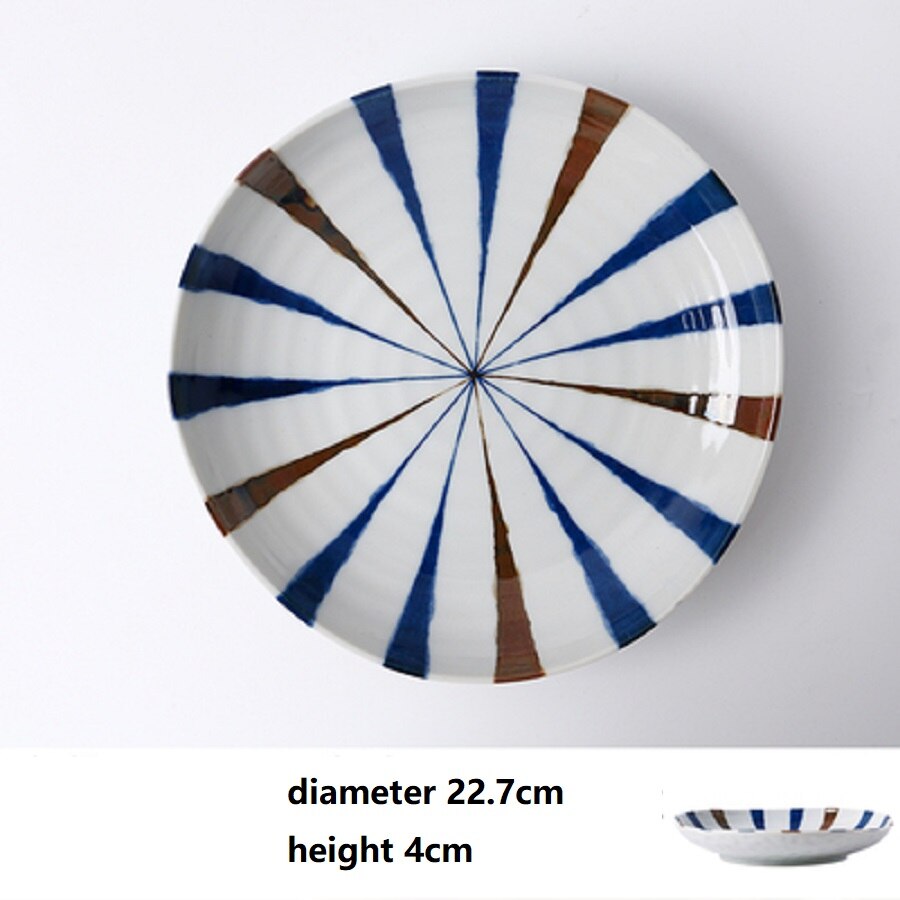 1 Pc Japanse Schotel Plaat Keramische Onderglazuur Retro Creatieve Lijnen Eenvoudige Exquise Huishouden Gemaakt In Japan: Diameter 22.7cm