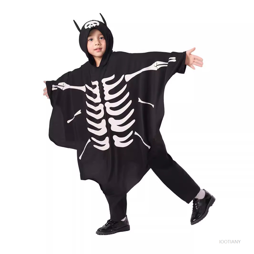 Costume di Halloween Mantello con stampa teschio Mantello luminoso per bambini Mantello con cappuccio pipistrello fantasma Costume da gioco di ruolo per spettacoli di feste