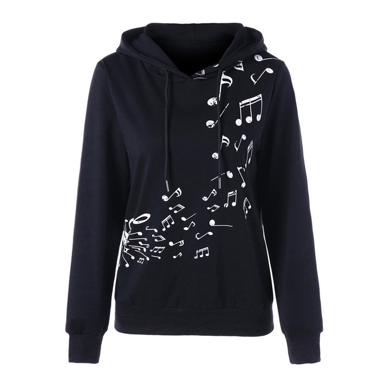 Women's Loose Hoodies Long Sleeve Sweatshirt Musical Note Printing Hoodie Pullover Winter Warm Sport Casual Sweater Tops: S / Black