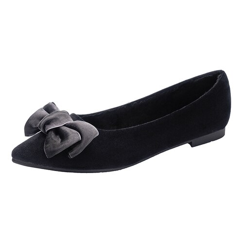 autumn Korean version of the pointed sweet bow flat shoes plus velvet single shoes women net red women's shoes: black / 10.5