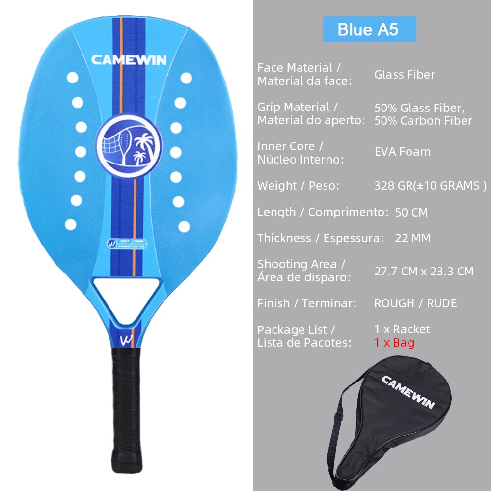 CAMEWIN-Raqueta de carbono y cristal para playa, Raqueta de tenis, ligera, suave, EVA, Unisex: Blue A5