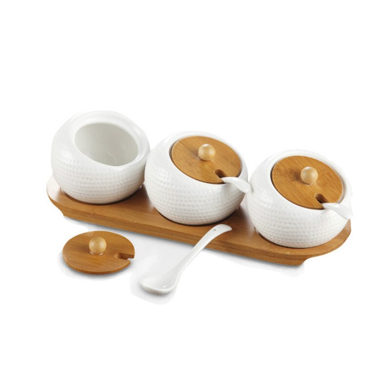 Tarro de cerámica para el hogar, bandeja de bambú, tarro de especias, caja de salsa de soja, lata de azúcar, sal, organizador de cocina, herramientas WJ622: 3PCS