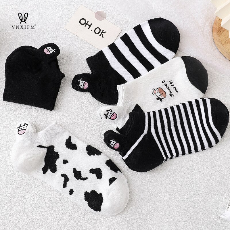 Calcetines de algodón con estampado de vaca para mujer, medias finas de estilo skateboard, temporada Primavera Verano