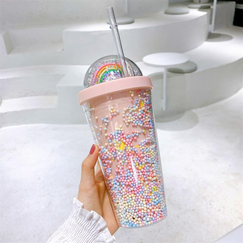 Straw Cup Double Layer Eco-Friendly Plastic Drinkware Ins Girl Water Cup Anti-fall Milk Coffee Cups For Home Office J170: 1