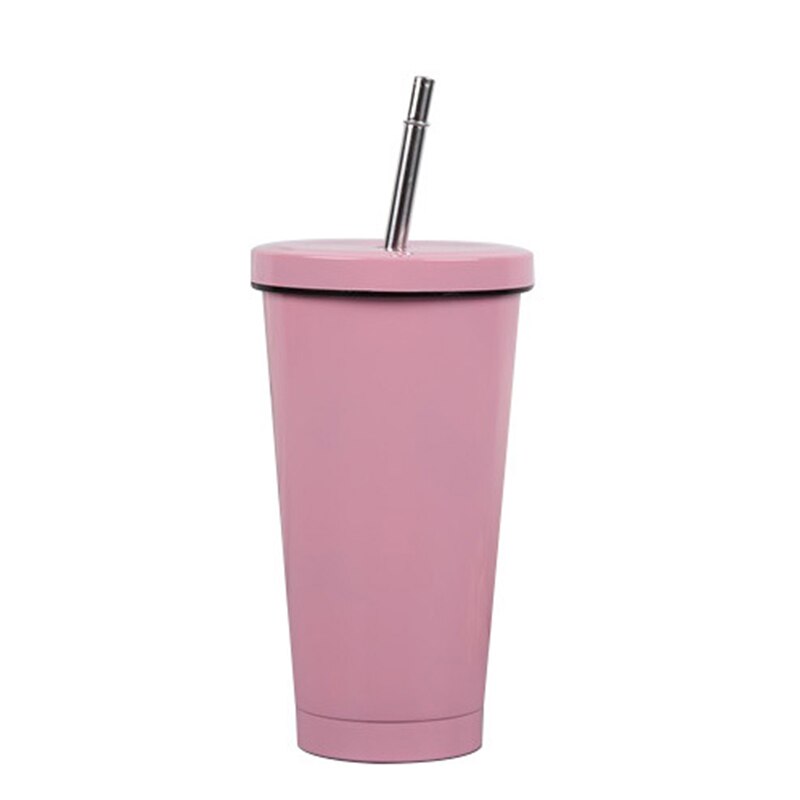 500ml Stainless Steel Coffee Mug With Lid Beer Mugs For Tea Cup Metal Cup Drink Straw Drink Straw Travel Cups for Home: pink