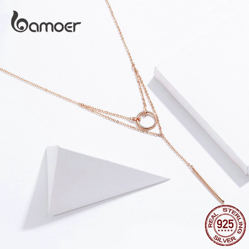 Bamoer Doppi Strati Geometrica Collana Girocollo per Le Donne Autentico 925 Argento Sterlina in Oro Rosa di colore Gioelleria Raffinata E Alla Moda BSN078