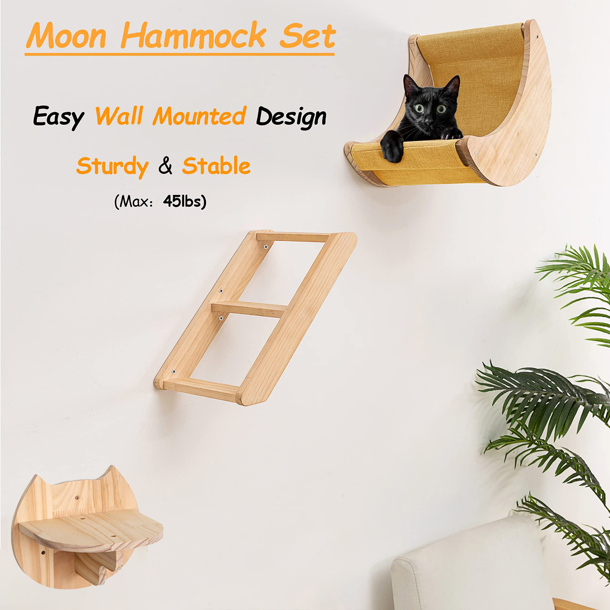 Estante para gatos, hamaca de pared, estantes de escalada en forma de luna y perchas, escalera, escalones de madera maciza para actividades, muebles de pared para gatos de interior