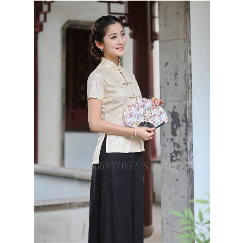 Chinese Qipao Top Traditional Clothing for Women Cheongsam Dress Vintage Print National Oriental Clothes Blouse Party: Color2 / 3XL