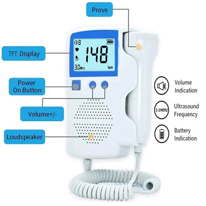 Detector de ritmo cardíaco Fetal para bebés, Monitor Fetal portátil de 3,0 MHz para el embarazo bebes estetoscopio ultrasonido doppler fetal embarazada ecografo portatil hogar sonar fetal monitor escuchar latidos bebe
