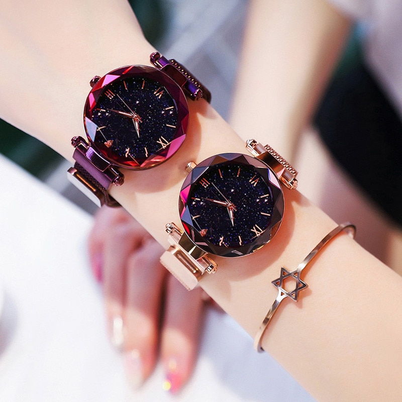 Womens Watch Femme Starry Sky Watches Stainless Steel Mesh Magnet Strap Quartz Watch for Sisters Girlfriend