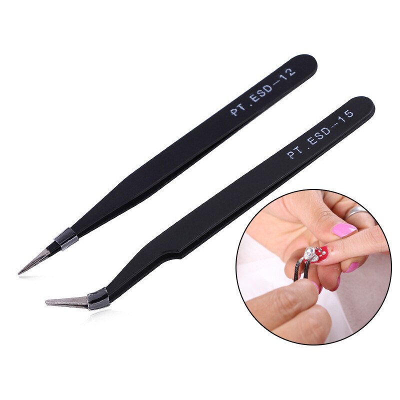 2 pcs/lot Black Straight & Curved Tweezers set Nail Art Acrylic Gel Picking Rhinestones decorations Tool