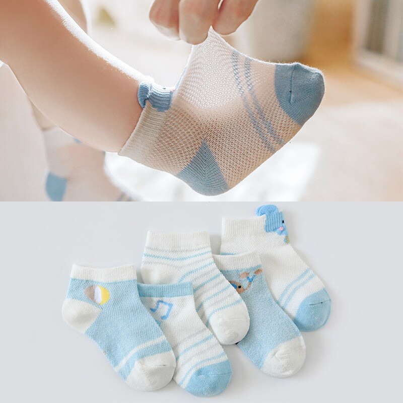 5 Pairs 0-5Y Lente Baby Sokken Cartoon Gedrukt Dunne Leuke Kid Buis Sokken Meisje Jongen Katoen Mesh Ademend Peuter Sok accessoires