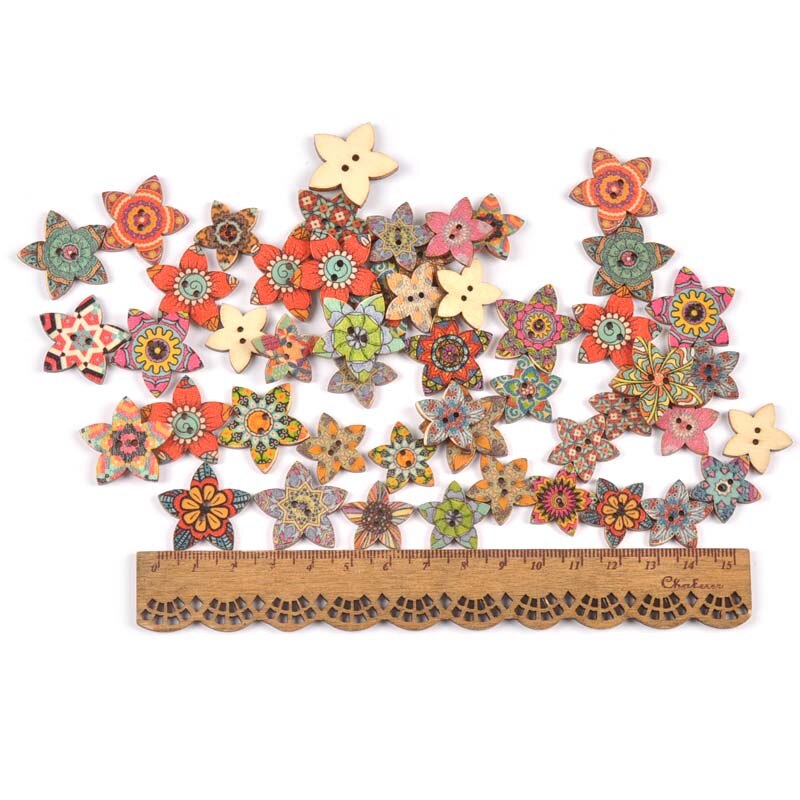 50pcs Mixed Star Buttons Flower Pattern Wooden Button 2 Holes for DIY Sewing Garmen Decoration Clothing Craft Accessories MT2269