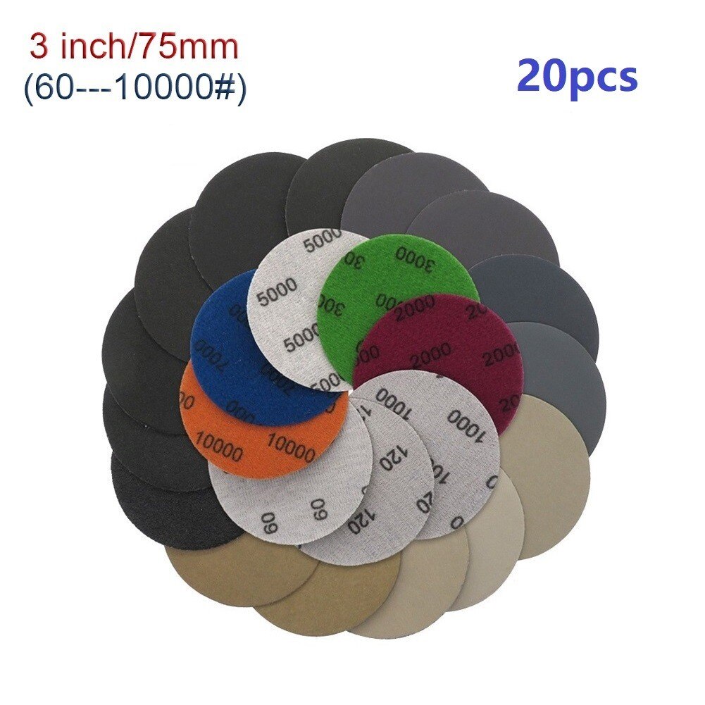 20pcs 3Inch 75mm Sandpaper Sanding Discs Silicon Carbide Hook And Loop Wet Dry Sandpaper 60/80/100/120/240/3000/4000/10000Grit