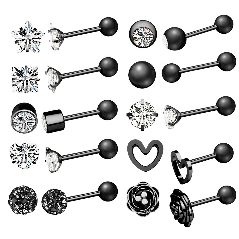 10Pair Crystal Labret Piercing Lot Flower Tragus Piercing Earring Set Conch Piercing Ring Bulk Helix Piercing Earring Tragus Lot: Black